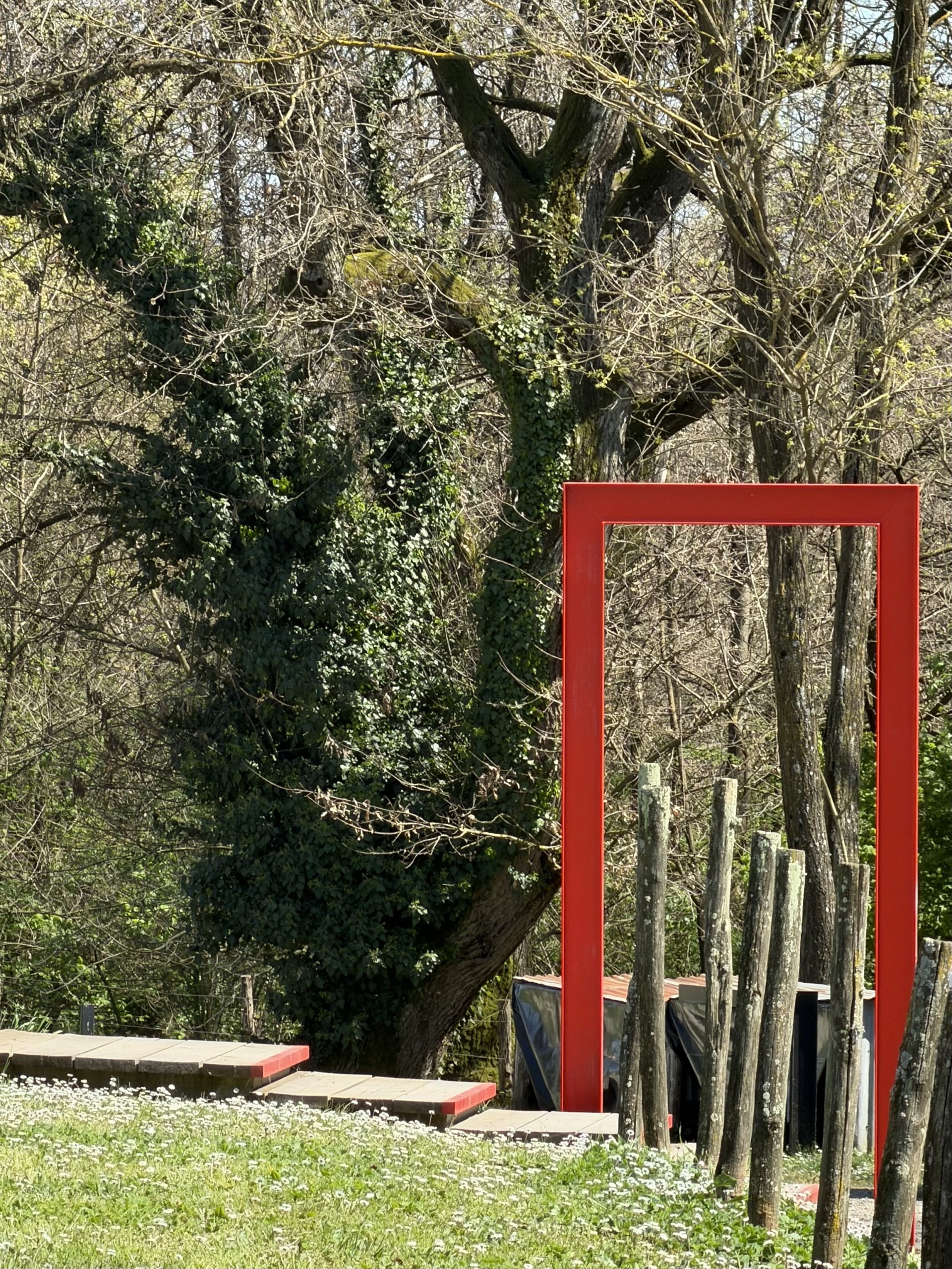 Red steel sculpture in the garden