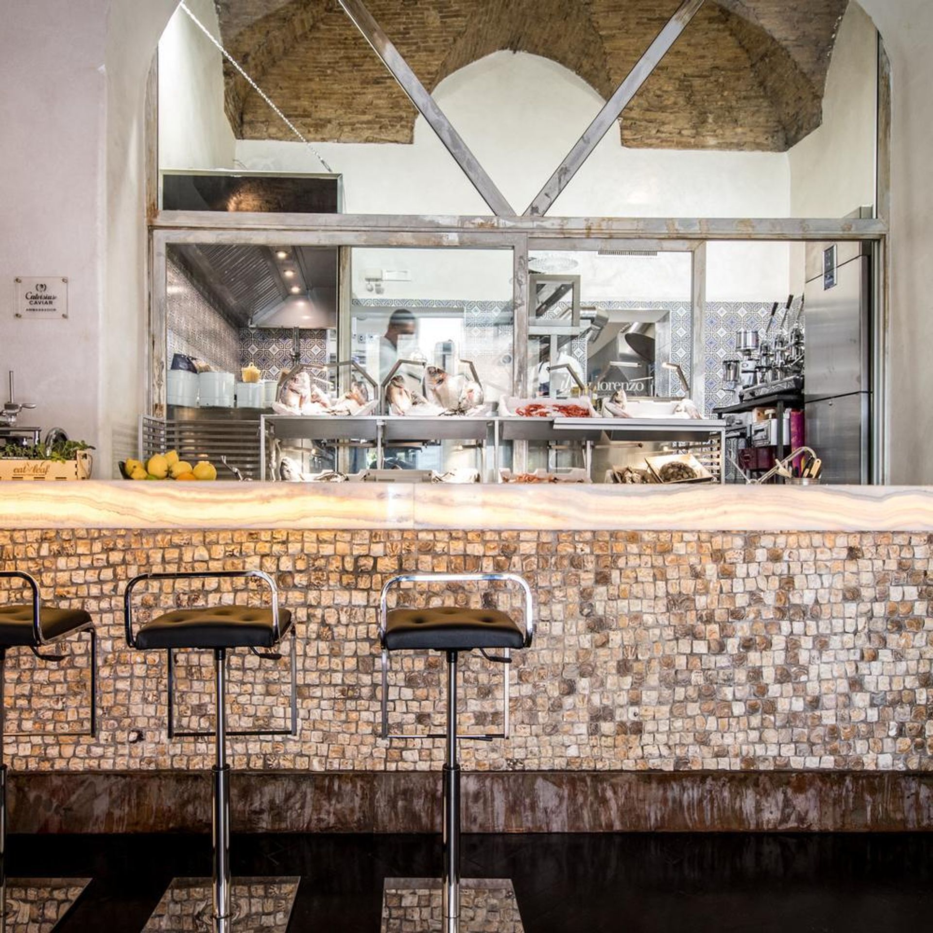 Seafood counter and open kitchen at Il Sanlorenzo