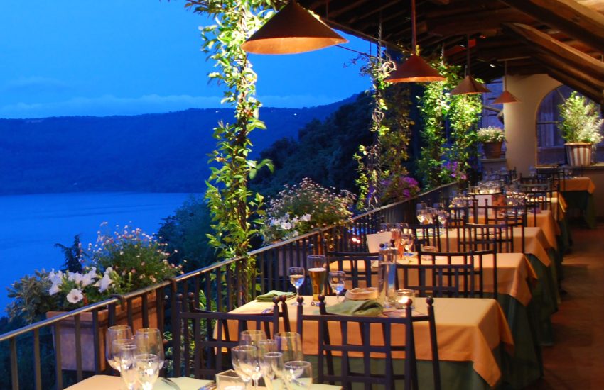 Lake-facing terrace at dusk at Pagnanelli
