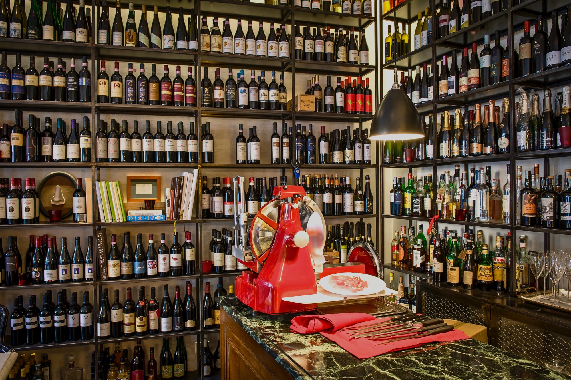Wine shelves and counter at Al Ceppo